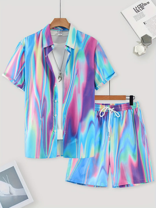 Men's Abstract Print Two-Piece Set, Short Sleeve Full Print Shirt and Drawstring Shorts, Vibrant Party Style co ord set FESTIVAL OUTFITS & STREETWEAR