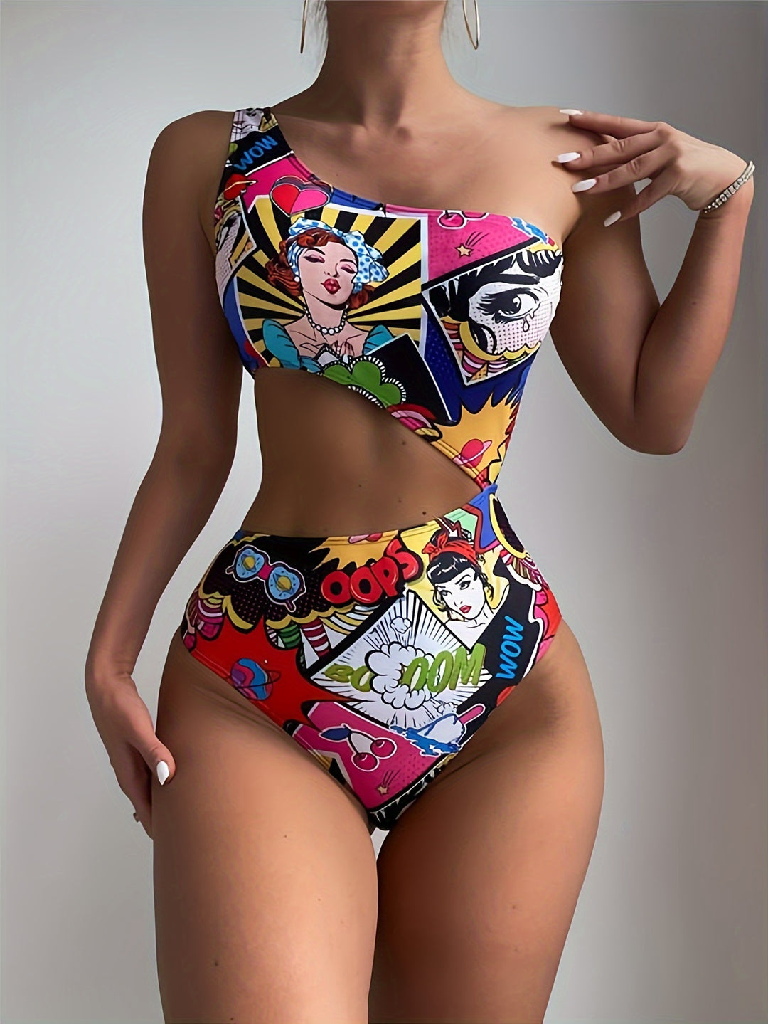 Cartoon Comic Figure Print Cut Out Pop Art One-piece Swimsuit, One Shoulder Asymmetric High Stretch Unique Bathing Suits, Women's Swimwear & Clothing FESTIVAL OUTFITS & STREETWEAR