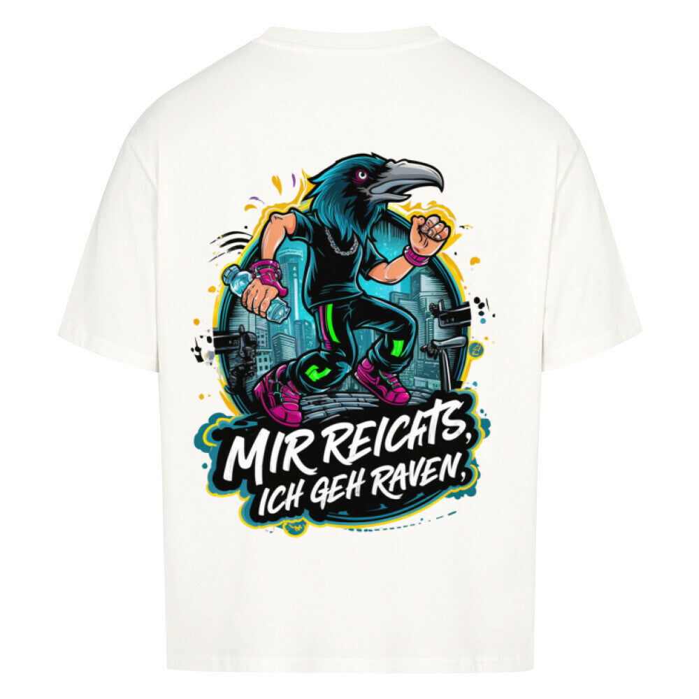 weisses T-Shirt mit auffälligem Raben-Design und dem Schriftzug "Mir reicht's, ich geh raven"