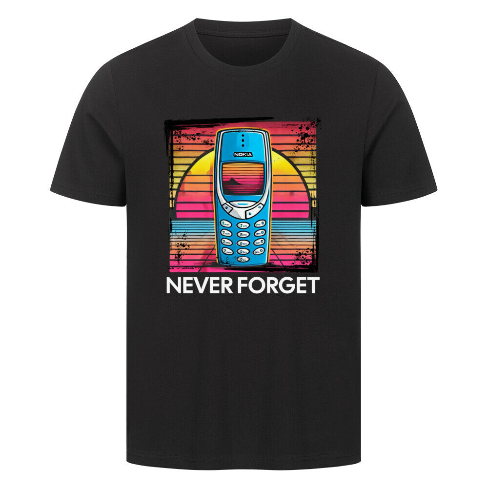 schwarzes tshirt-never forget mit retro aufdruck-festival party shirt maenner