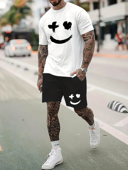 Big Smile Pattern 2Pcs Trendy Outfits For Men, Casual Crew Neck Short Sleeve T-shirt And Drawstring Shorts Set For Summer, Men's Clothing Loungewear Vacation Workout FESTIVAL OUTFITS & STREETWEAR