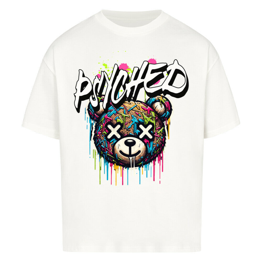  Graffiti Bear Streetwear T-Shirt "PSYCHED" - Buntes Design auf weiss oversized 