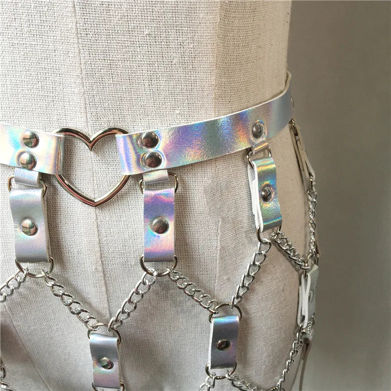 Faux Leder Holographische Outfit Sexy Backless Metall Kette Tops Einstellbare Mini Rock Sommer Nacht Party Rave Festival 2 Pcs Sets FESTIVAL OUTFITS & STREETWEAR