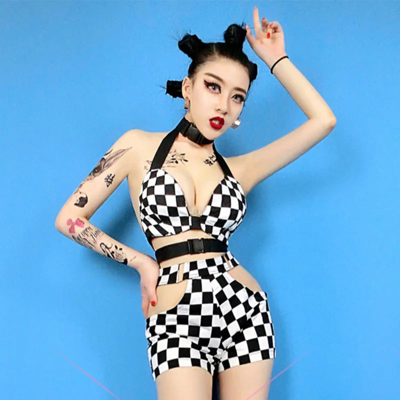 DS Kostüm Sängerin Dj Bar Nachtclub Rave Outfit Jazz Dance Kleidung Gitter Bh Shorts Frauen Pole Dance Tragen DNV13135 Festival Outfits | Techno Shirts | Rave Clothing