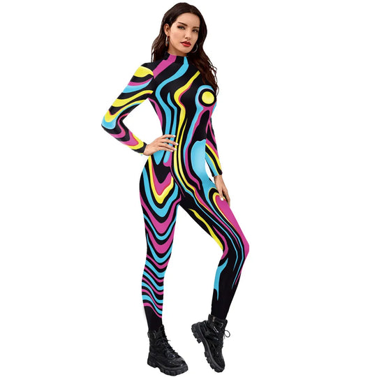 FCCEXIO Mehrfarben Druck Urlaub Partei Frauen Overalls Neue Mode Sexy Overall Tragen Cosplay Kostüm Catsuit Body FESTIVAL OUTFITS & STREETWEAR