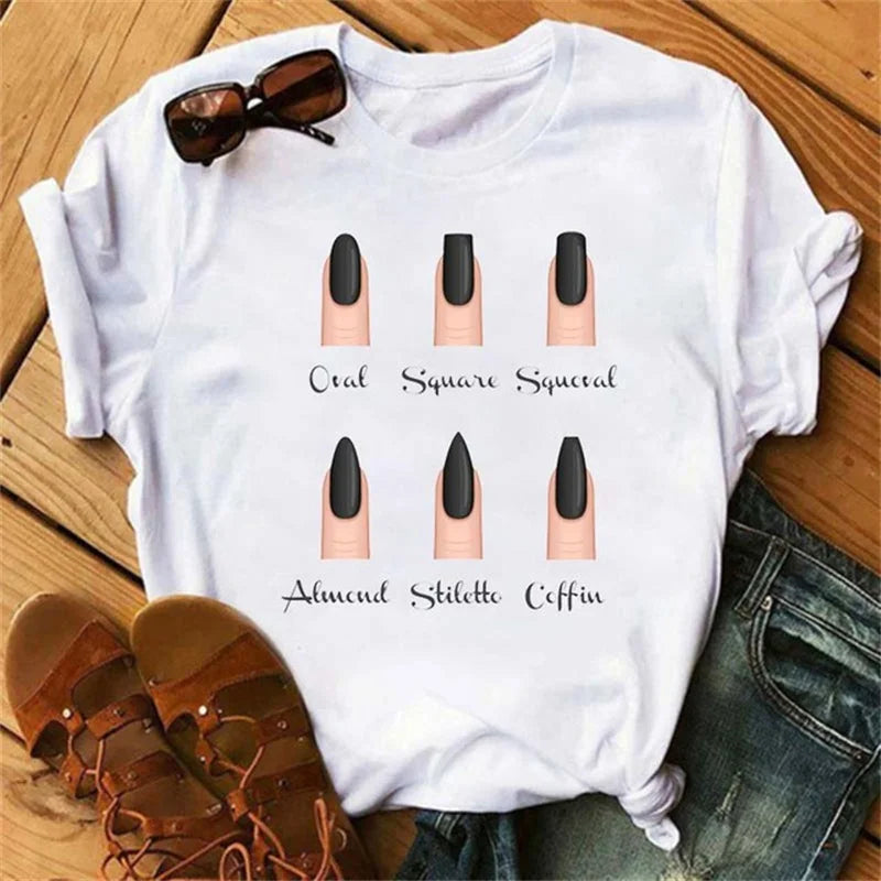 Frauen T Shirts Mode Frauen Cartoon Grafik Finger Nagel Nette Gedruckt Top T-shirt Weibliche T Shirt Damen Kleidung T-shirts Festival Outfits | Techno Shirts | Rave Clothing