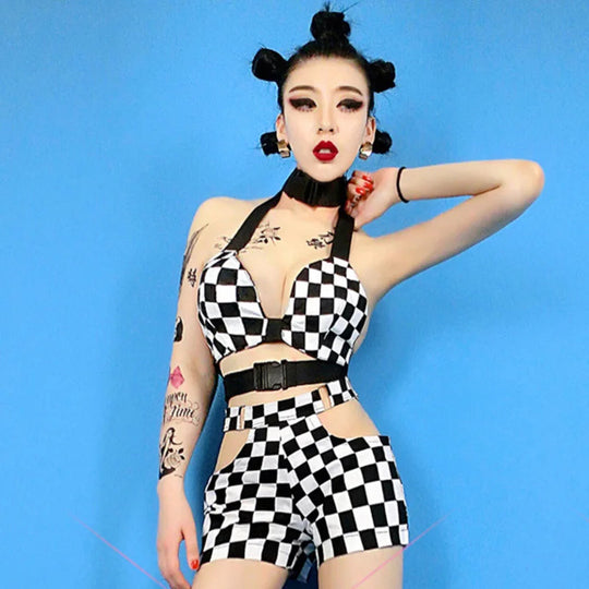 DS Kostüm Sängerin Dj Bar Nachtclub Rave Outfit Jazz Dance Kleidung Gitter Bh Shorts Frauen Pole Dance Tragen DNV13135 Festival Outfits | Techno Shirts | Rave Clothing