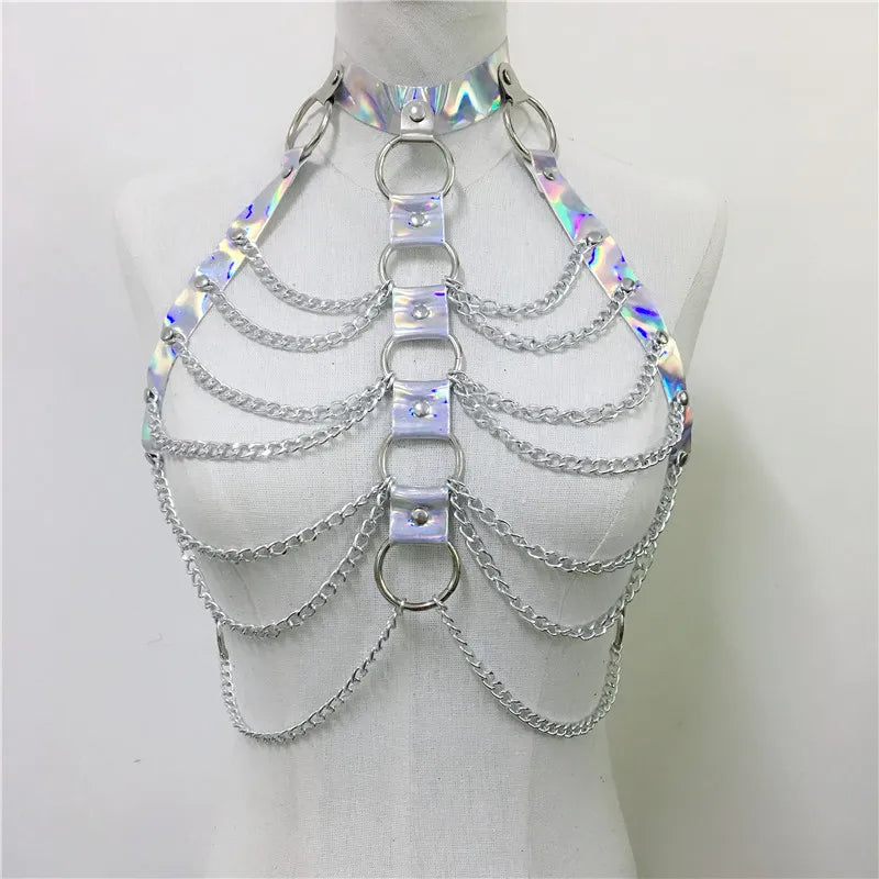 Faux Leder Holographische Outfit Sexy Backless Metall Kette Tops Einstellbare Mini Rock Sommer Nacht Party Rave Festival 2 Pcs Sets FESTIVAL OUTFITS & STREETWEAR