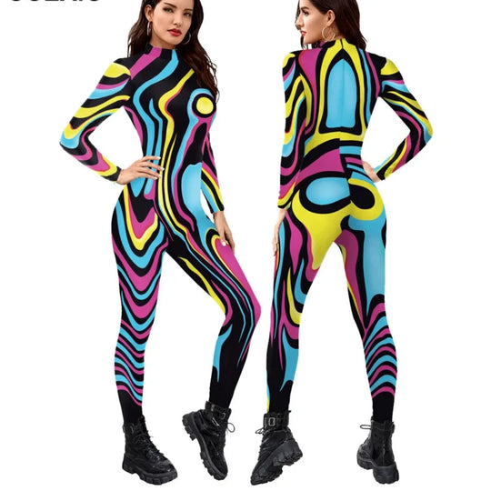 FCCEXIO Mehrfarben Druck Urlaub Partei Frauen Overalls Neue Mode Sexy Overall Tragen Cosplay Kostüm Catsuit Body FESTIVAL OUTFITS & STREETWEAR