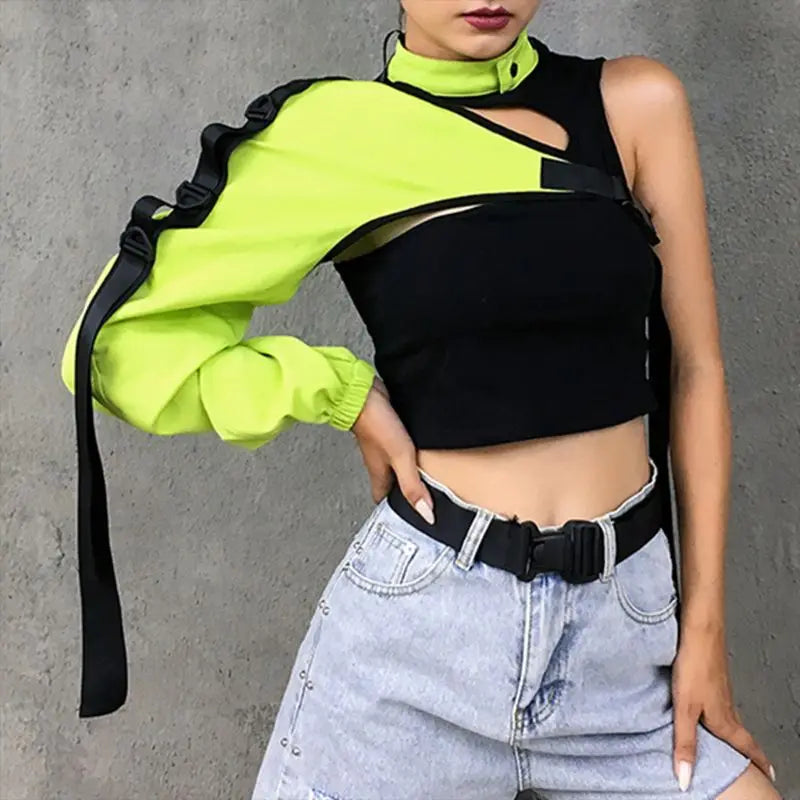 Frauen Sexy Eine Schulter Reflektierende Crop Tops Halsband Einstellbar Schnalle Lange Hülse Abdeckung Up Unregelmäßigen T-Shirt Rave Shrugs FESTIVAL OUTFITS & STREETWEAR