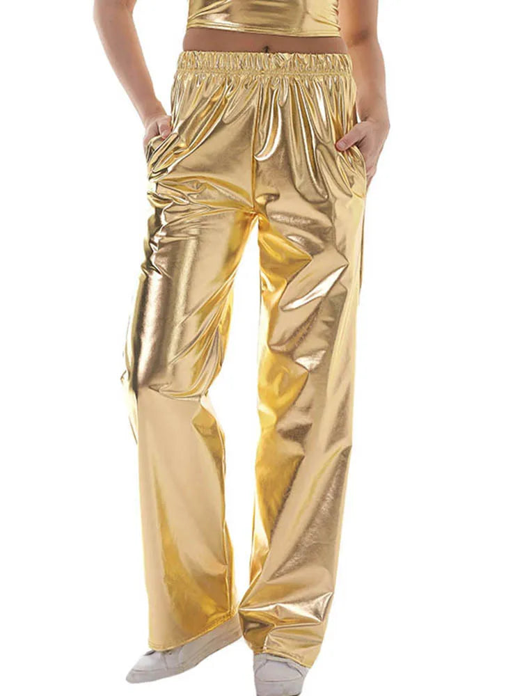 INDJXND Gold Silver Metallic Shiny Sweatpants Party Nightclub Hip Hop Pants Fashion Straight Leg Trousers Summer Joggers Elastic FESTIVAL OUTFITS & STREETWEAR