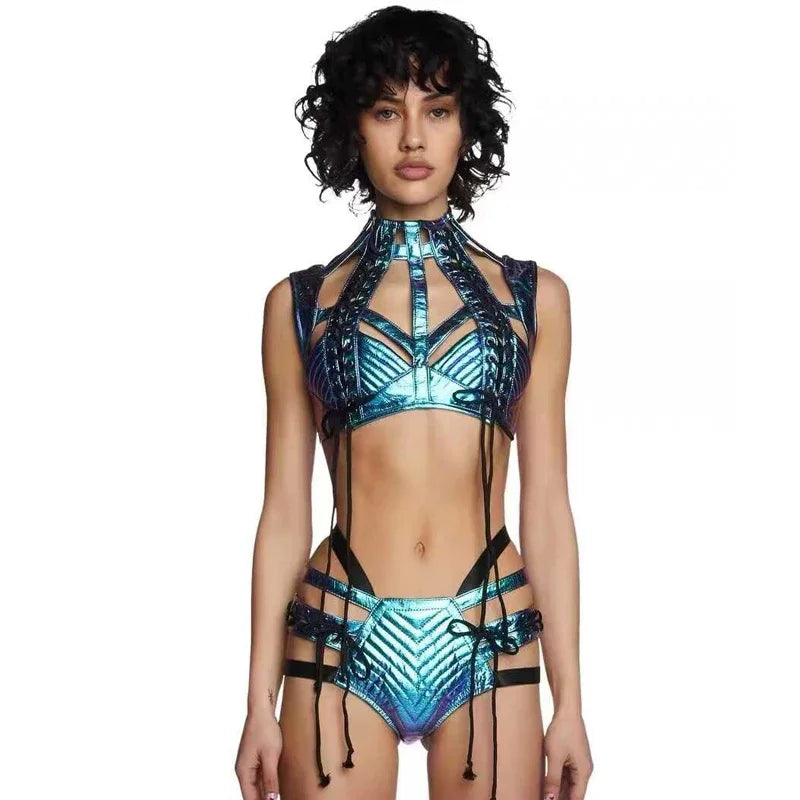 Frauen bunte Laser Bikini Anzug 6 Farben sexy Pole Dance Kleidung Bar Nachtclub DJ DS Stage Rave Outfits Gogo Kostüme Festival Outfits | Techno Shirts | Rave Clothing