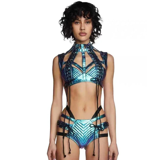 Frauen bunte Laser Bikini Anzug 6 Farben sexy Pole Dance Kleidung Bar Nachtclub DJ DS Stage Rave Outfits Gogo Kostüme Festival Outfits | Techno Shirts | Rave Clothing