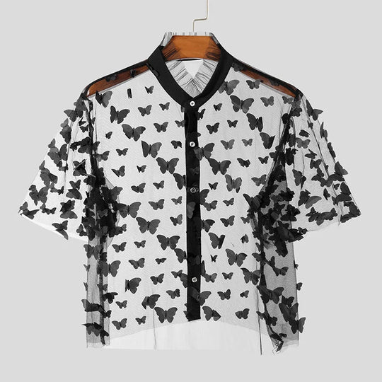 Fashion Party Shows Style Tops INCERUN 2024 Men Personality Print Shirt Sexy Casual Male Thin Cropped Short Sleeved Blouse S-5XL Festival Outfits | Techno Shirts | Rave Clothing