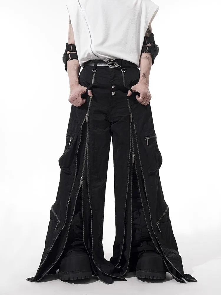 Mauroicardi Frühling Herbst Coole schwarze Baggy-Techwear-Hose mit weitem Bein für Herren mit vielen Reißverschlüssen Luxus-Designer-Kleidung Streetwear Festival Outfits | Techno Shirts | Rave Clothing