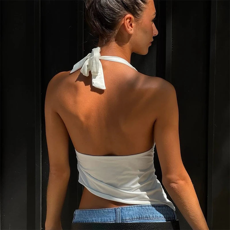WhereMery Casual Solide Frauen Halter Crop Top Y2K Elegante V-ausschnitt Ärmellose Falten Sommer Tees Formale Streetwear Sportliche Weibliche Weste Festival Outfits | Techno Shirts | Rave Clothing