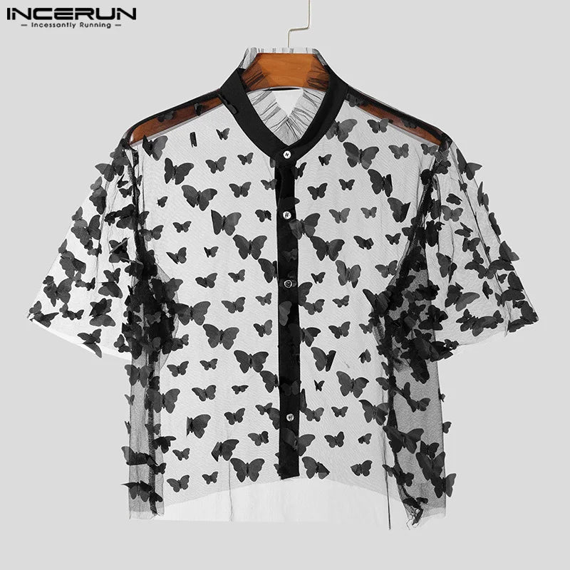 Fashion Party Shows Style Tops INCERUN 2024 Men Personality Print Shirt Sexy Casual Male Thin Cropped Short Sleeved Blouse S-5XL Festival Outfits | Techno Shirts | Rave Clothing