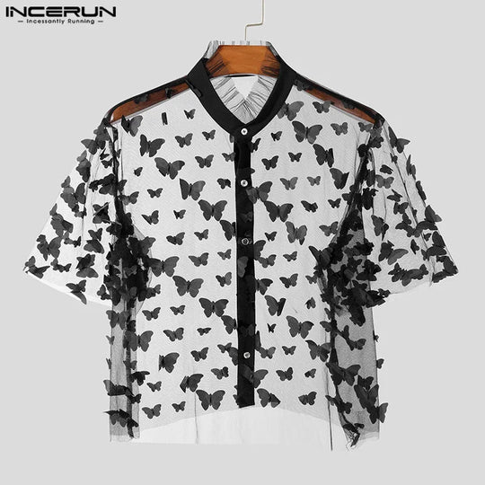 Fashion Party Shows Style Tops INCERUN 2024 Men Personality Print Shirt Sexy Casual Male Thin Cropped Short Sleeved Blouse S-5XL Festival Outfits | Techno Shirts | Rave Clothing