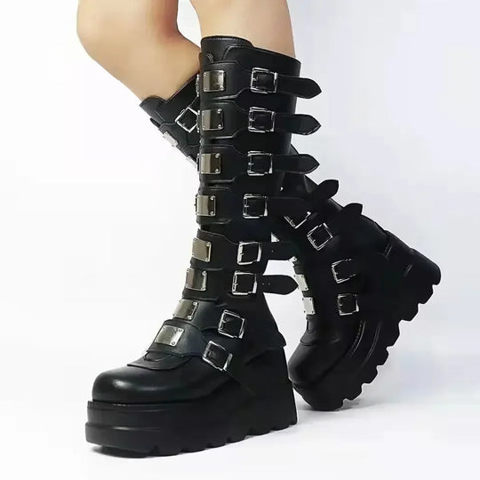 Gothic Schuhe Plattform kniehohe Stiefel Punk schwarz sexy Motorräder neue Halloween Cosplay Zapatos Mujer Schuhe für Frauen FESTIVAL OUTFITS & STREETWEAR