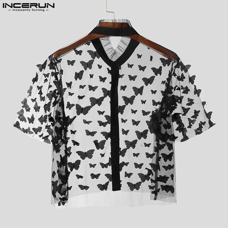 Fashion Party Shows Style Tops INCERUN 2024 Men Personality Print Shirt Sexy Casual Male Thin Cropped Short Sleeved Blouse S-5XL Festival Outfits | Techno Shirts | Rave Clothing