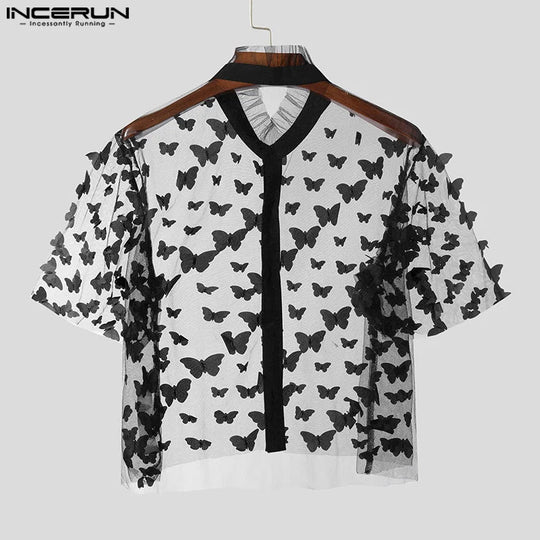 Fashion Party Shows Style Tops INCERUN 2024 Men Personality Print Shirt Sexy Casual Male Thin Cropped Short Sleeved Blouse S-5XL Festival Outfits | Techno Shirts | Rave Clothing