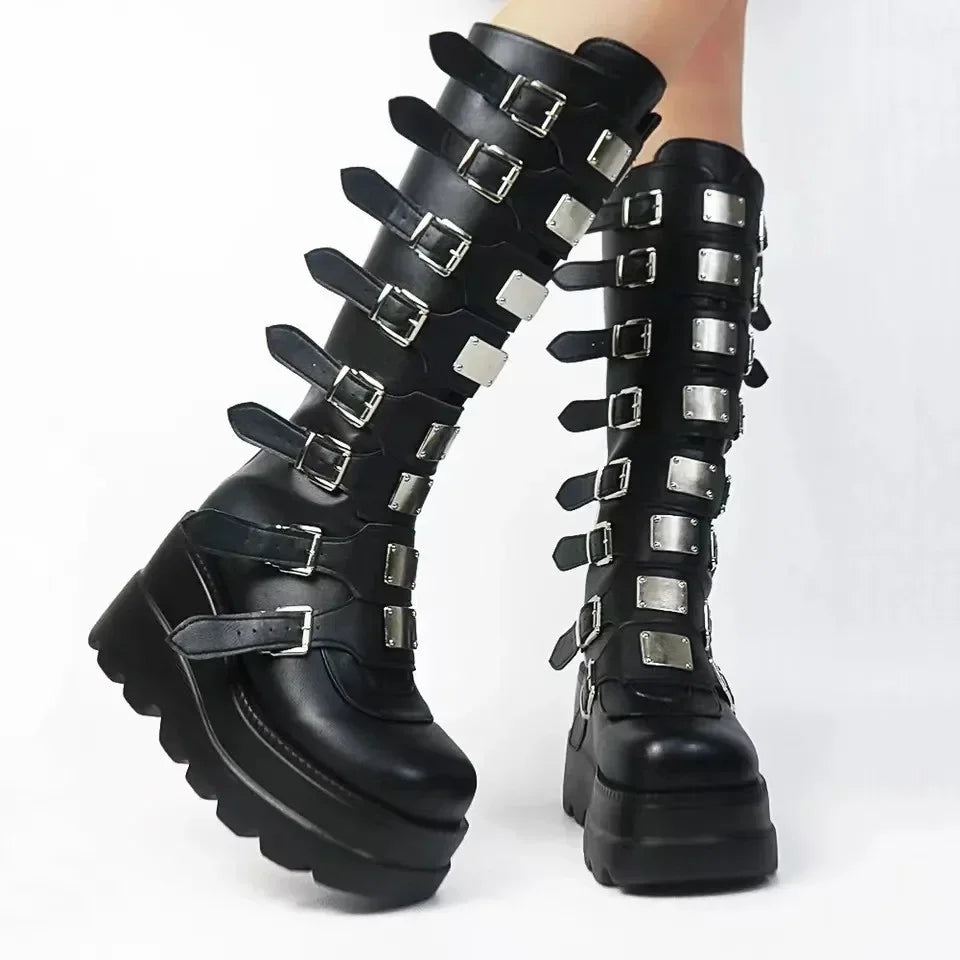 Gothic Schuhe Plattform kniehohe Stiefel Punk schwarz sexy Motorräder neue Halloween Cosplay Zapatos Mujer Schuhe für Frauen FESTIVAL OUTFITS & STREETWEAR