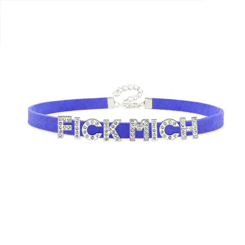 Sexy Rhinestone Letters FICK MICH Collar Choker Necklace Men Women Goth Harajuku DDLG Customized Chocker Cosplay Jewelry Gift Festival Outfits | Techno Shirts | Rave Clothing