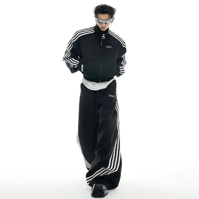 LUZHEN 2025 Neue Streifen Gedruckt Baggy Breite Bein Straße Sport Hosen Männer Stilvolle Frauen Paare Stehen Neck Casual jacke JY1403 Festival Outfits | Techno Shirts | Rave Clothing