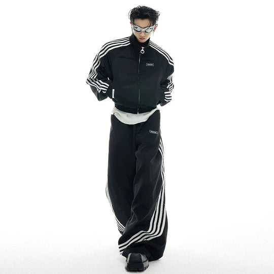LUZHEN 2025 Neue Streifen Gedruckt Baggy Breite Bein Straße Sport Hosen Männer Stilvolle Frauen Paare Stehen Neck Casual jacke JY1403 Festival Outfits | Techno Shirts | Rave Clothing