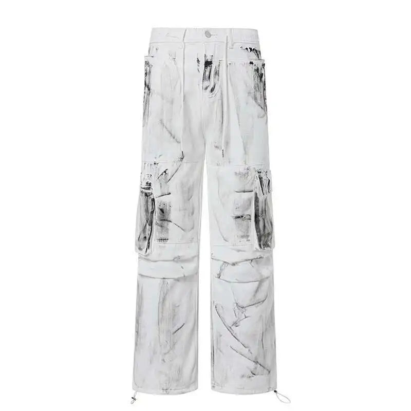 LUZHEN Original Street Color Contrast Tie-dyed Design Straight Jeans Men Stylish 2025, New Drawstring Waist Denim Pants LZ9976 Festival Outfits | Techno Shirts | Rave Clothing