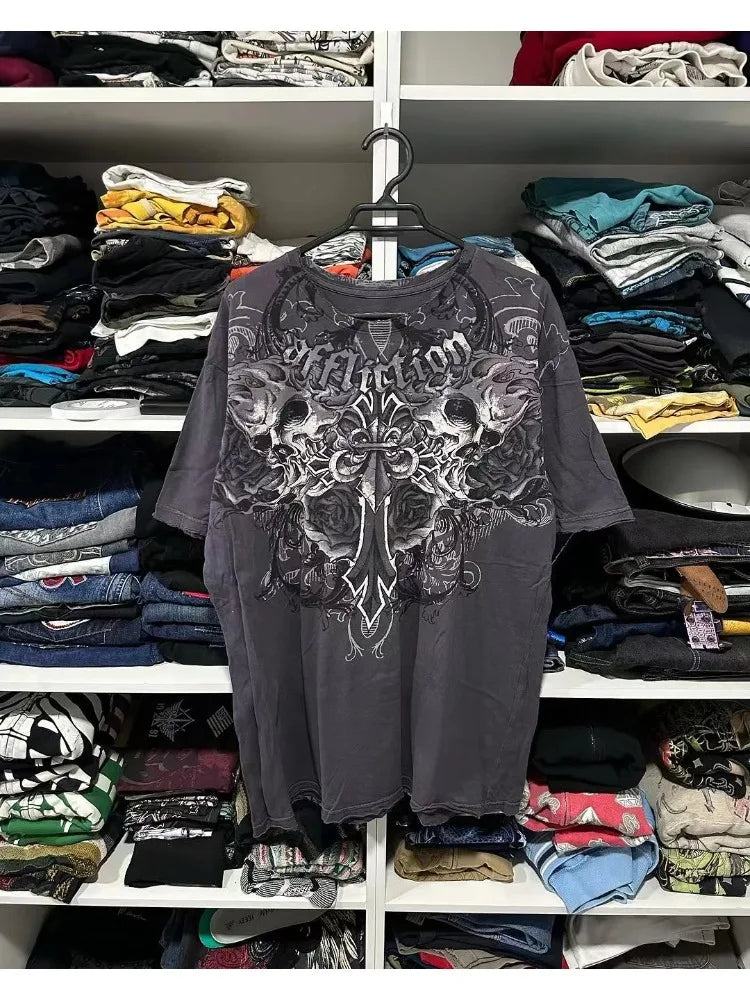 2024 New American Retro Skull Vintage Harajuku Hip-hop Round Neck Oversized T-shirt Men And Women Y2K Gothic Tops Streetwear FESTIVAL OUTFITS & STREETWEAR