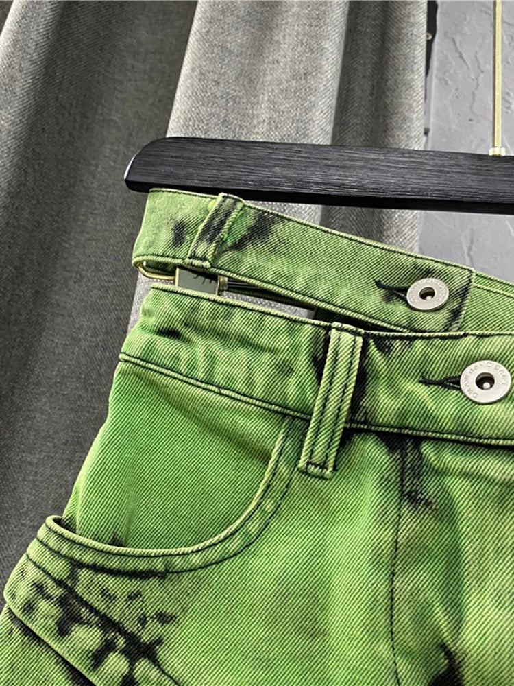 DEAT Fashion Women's Personalized Double Waist Design Green A-line Denim Skirt Asymmetric Hot Girl Short Skirts Spring 17A1759 Festival Outfits | Techno Shirts | Rave Clothing