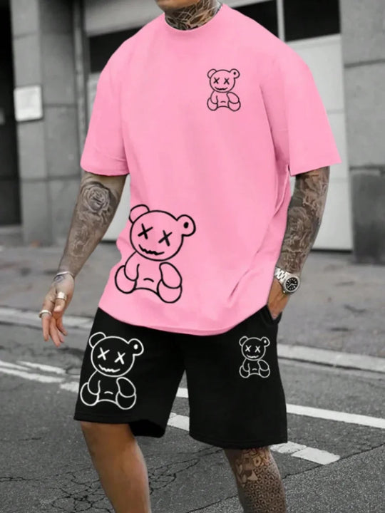 Herren Sommer Cartoon Bär 2-teilige Anzüge Casual T-Shirt und Kordelzug Taille Shorts Set 2025 Urlaub Strand Übergroße Outfits Festival Outfits | Techno Shirts | Rave Clothing
