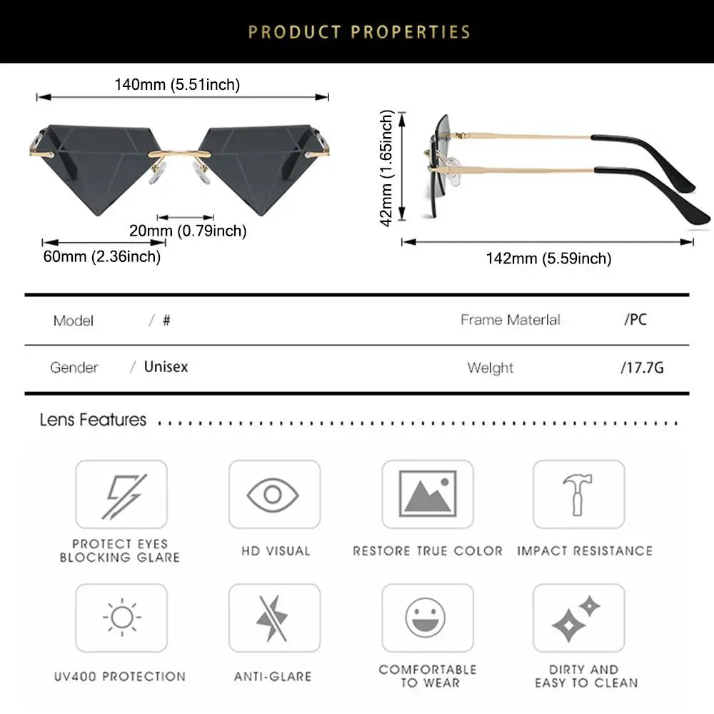 Triangle Diamond Shaped Sunglasses for Women Men Vintage Rimless Sun Glasses Retro Shades Rave Party Halloween Eyeglasses FESTIVAL OUTFITS & STREETWEAR