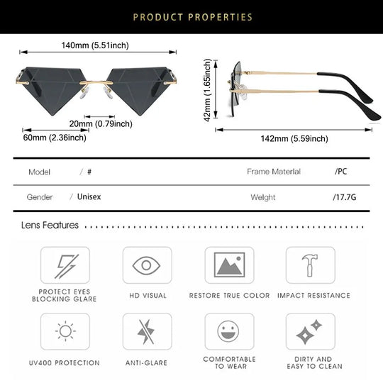 Triangle Diamond Shaped Sunglasses for Women Men Vintage Rimless Sun Glasses Retro Shades Rave Party Halloween Eyeglasses FESTIVAL OUTFITS & STREETWEAR