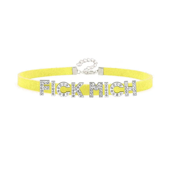 Sexy Rhinestone Letters FICK MICH Collar Choker Necklace Men Women Goth Harajuku DDLG Customized Chocker Cosplay Jewelry Gift Festival Outfits | Techno Shirts | Rave Clothing