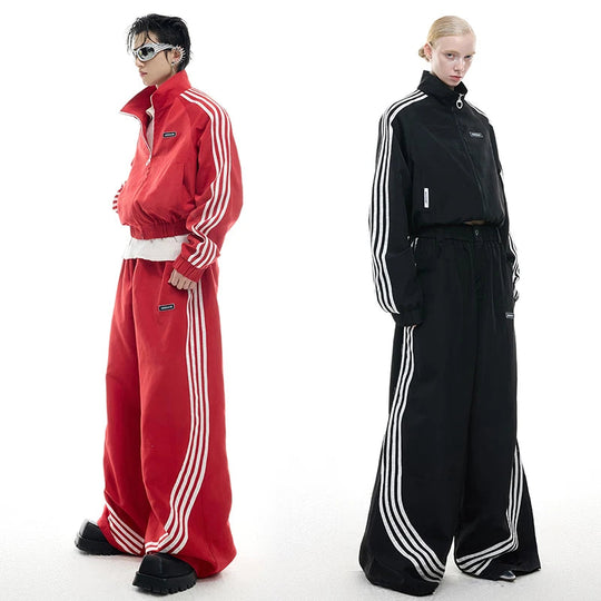 LUZHEN 2025 Neue Streifen Gedruckt Baggy Breite Bein Straße Sport Hosen Männer Stilvolle Frauen Paare Stehen Neck Casual jacke JY1403 Festival Outfits | Techno Shirts | Rave Clothing