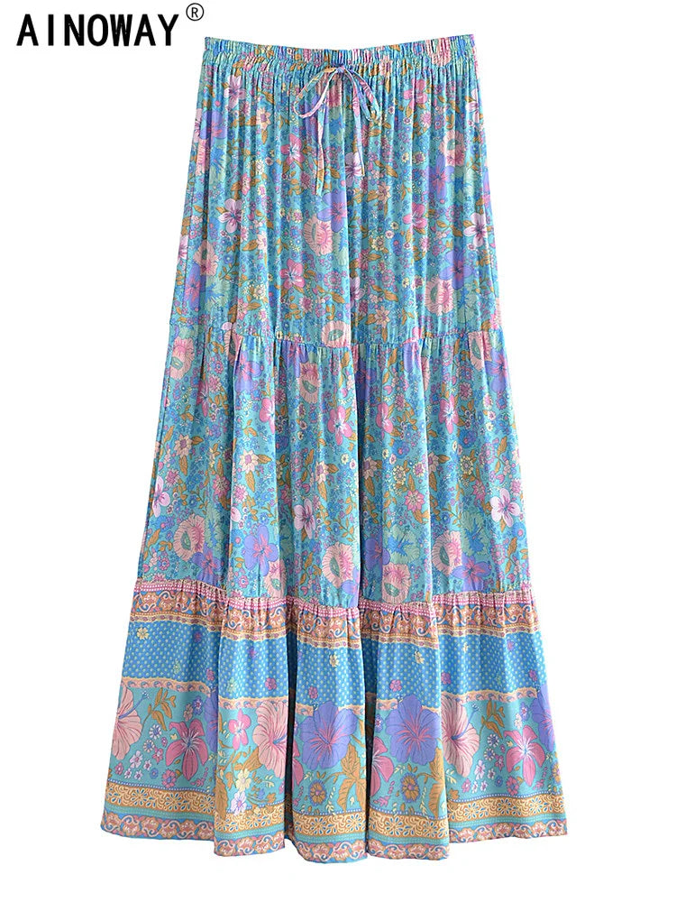 Vintage Chic Women Hippie Summer Tassel Elastic Waist Boho Skirt Blue Floral Printed Rayon Beach Bohemian Pleated Maxi Skirts FESTIVAL OUTFITS & STREETWEAR