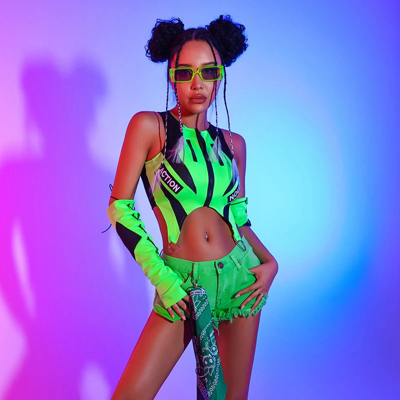 2023 Jazz Dance Costumes For Women Sexy Fluorescent Green Tops Shorts Kpop Outfits Nightclub Bar Gogo Dancers Clothes DQS12771 Festival Outfits | Techno Shirts | Rave Clothing