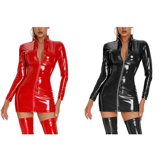 Sexy Faux Latex Bodycon Kleid Frauen Lange Hülse PU Leder Mini Kleid Damen Stehen Kragen Schlanke PVC Kleid Zipper Clubwear kostüm Festival Outfits | Techno Shirts | Rave Clothing