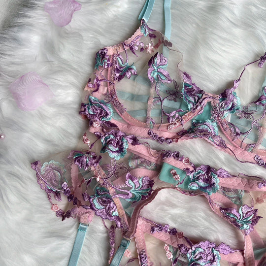 Ellolace Feen-Dessous, florale transparente Unterwäsche, Rüschen-Strumpfband, intime, zarte Unterwäsche, schöne durchsichtige Outfits Festival Outfits | Techno Shirts | Rave Clothing