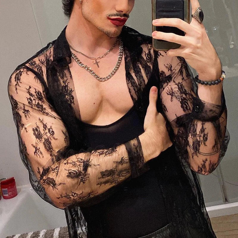 Men's Mesh See Through Mesh Sexy Lace Shirt Long Sleeve Fishnet Hollow Out Vintage Streetwear Slim Fashion Party Clothing S-XL Festival Outfits | Techno Shirts | Rave Clothing