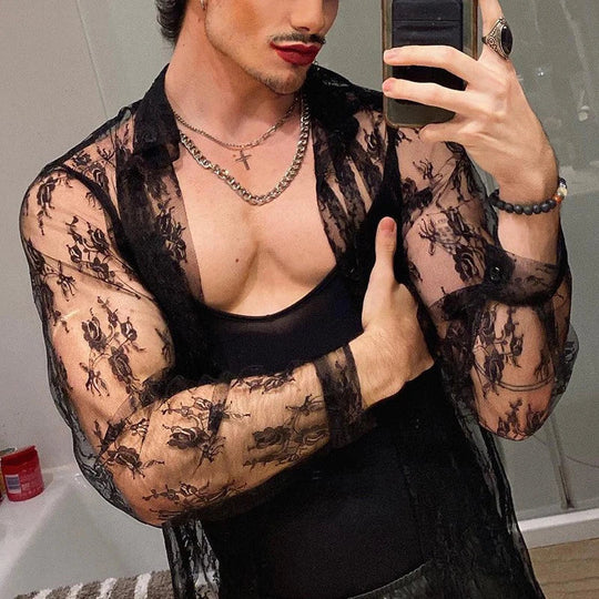 Men's Mesh See Through Mesh Sexy Lace Shirt Long Sleeve Fishnet Hollow Out Vintage Streetwear Slim Fashion Party Clothing S-XL Festival Outfits | Techno Shirts | Rave Clothing