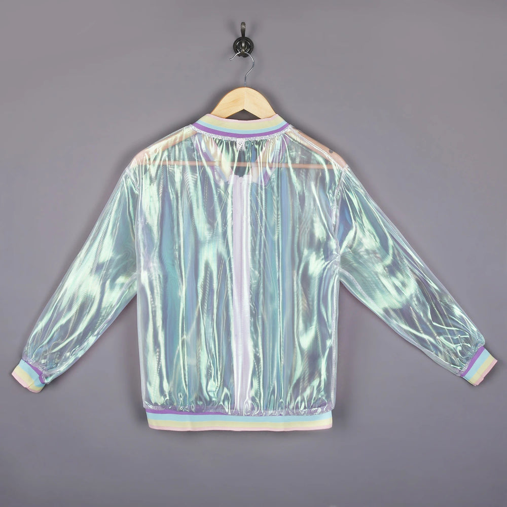 Women Iridescent Laser Transparent Coat Jacket Holographic Coat Rainbow Baseball Windbreaker Coats Woman Clothing FESTIVAL OUTFITS & STREETWEAR