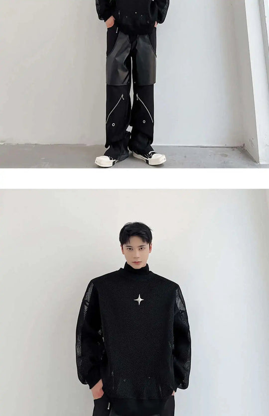 LUZHEN 2025 Frühling High Street Perspektive Original Mesh Design Pullover Herrenmode Metall Schnalle Schmücken Casual Tops LZ3027 Festival Outfits | Techno Shirts | Rave Clothing