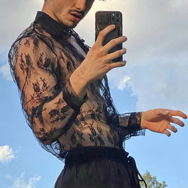 Men's Mesh See Through Mesh Sexy Lace Shirt Long Sleeve Fishnet Hollow Out Vintage Streetwear Slim Fashion Party Clothing S-XL Festival Outfits | Techno Shirts | Rave Clothing