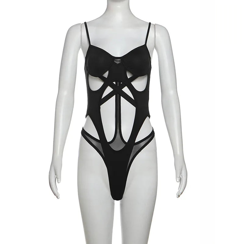 Schwarze Bandage aushöhlen Sexy Cyber Y2k Bodys Gothic Techwear Mesh Patchwork Tops weibliche Handschuh Ärmel Mock Neck Bodysuit Festival Outfits | Techno Shirts | Rave Clothing