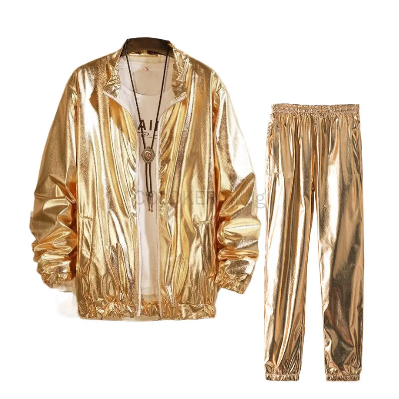 Herren-Sets, glänzende metallische Anzüge, Disco für Erwachsene, 2-teiliges Outfit, Jacke, Hose, Halloween, Anzieh, Nachtclub, Tanz, Rave, Cosplay-Kostüm Festival Outfits | Techno Shirts | Rave Clothing