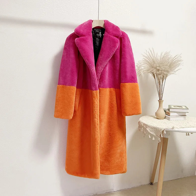 Lapel Faux Fur Coat Women Winter 2024 Long Orange Plush Coats Luxury Fluffy Jacket Teddy Pink Artificial Mink Fur Jacket Furry Festival Outfits | Techno Shirts | Rave Clothing