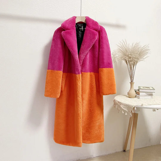 Lapel Faux Fur Coat Women Winter 2024 Long Orange Plush Coats Luxury Fluffy Jacket Teddy Pink Artificial Mink Fur Jacket Furry Festival Outfits | Techno Shirts | Rave Clothing